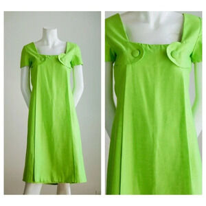 Vintage 60s LINEN Chartreuse Green A line Midi  Dress S